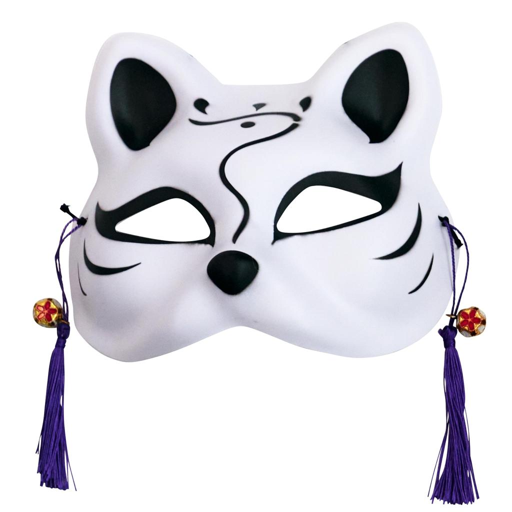 Clearstone Japanese-Style Cat Mask, Half-Face, Black and White Brush, Unisex, White