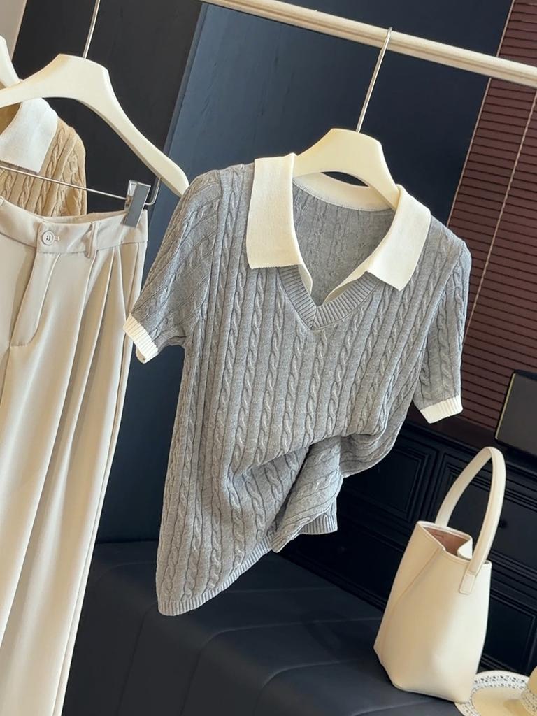 Women's Collar Short Sleeve Knit Top Regular Fit Japanese Korean Casual Cable Knit Sweater Knit Shirt