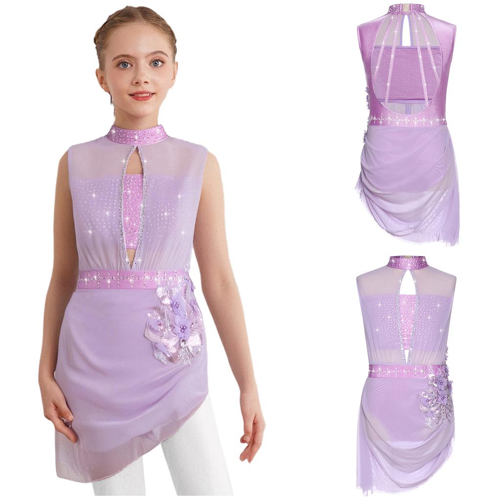 Girls Asymmetrical Skating Dress Sleeveless Backless Cutout Sheer Mesh Overlay Rhinestone Applique Competition Dance Costume