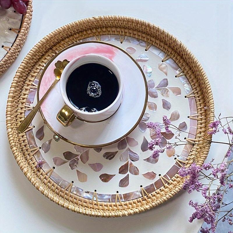 1Pc Handmade Rattan Shell Color Storage Round Picnic Fruit Basket Tray for Outdoor Courtyard Patio Garden