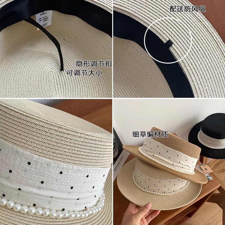 Flat top straw hat women's summer seaside vacation polka dot sun hat pastoral literary and retro top hat