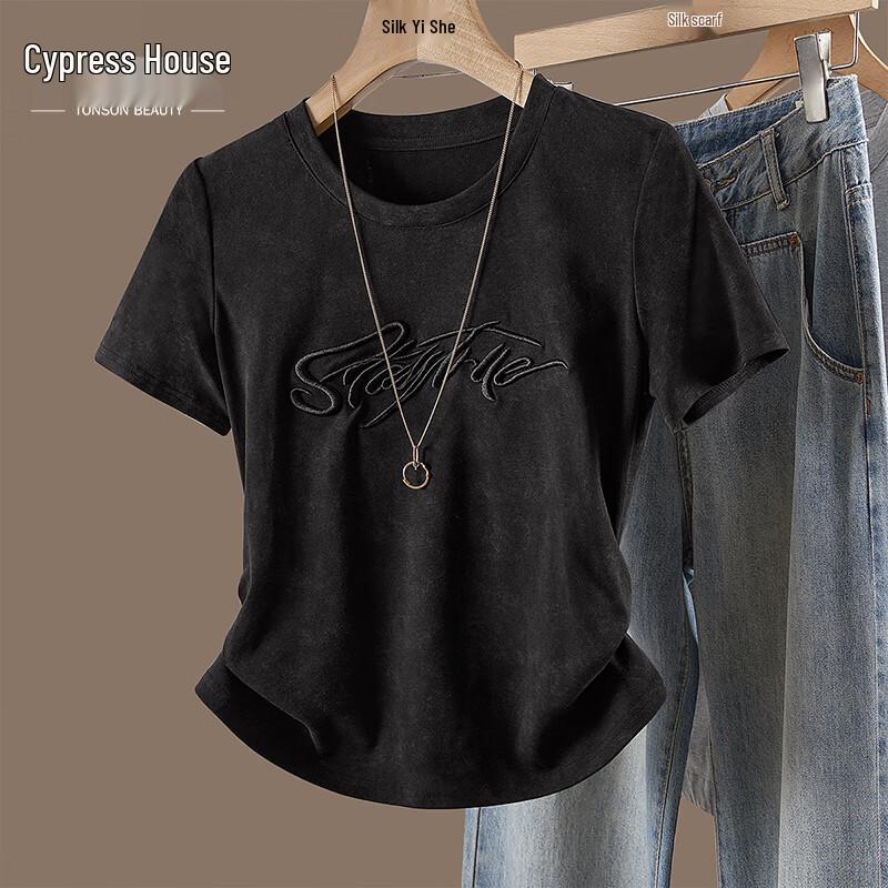 Sibaishi 2025 Summer Women s Letter Embroidered Round Neck T-Shirt S