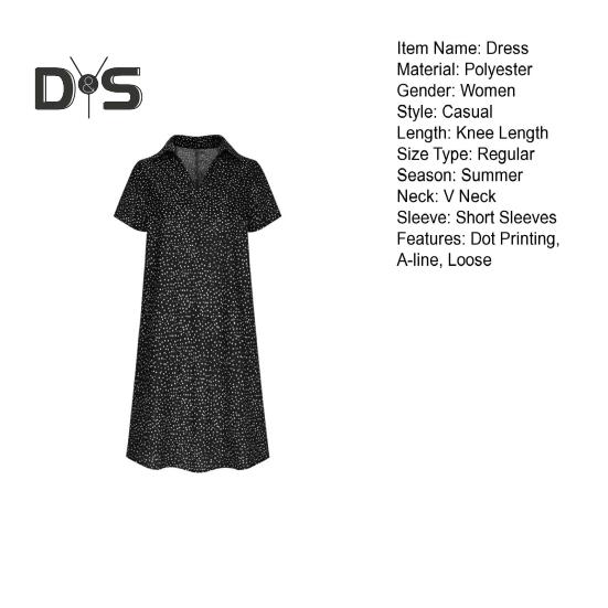 Summer Dress Dot Printing Short Sleeves Loose A-line Shirt Dress V Neck Knee Length Midi Dress for Dating Travel Vacation