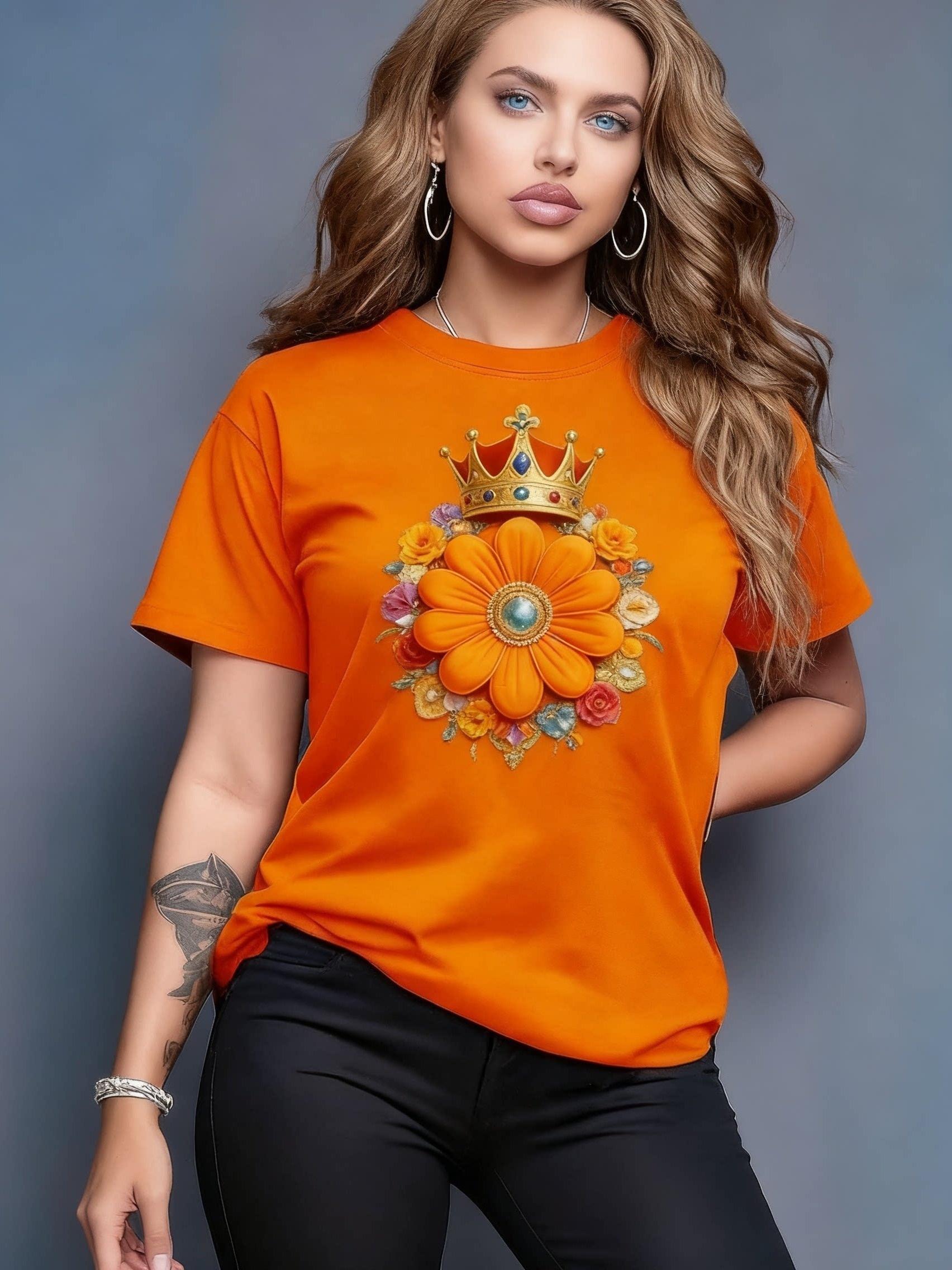 

King S Day Limited Edition T-Shirt with Dutch Orange-Themed Crown And Floral Print. Casual Round-Neck Top. a Must-Have Fashion Item for Women. a Charm XL дубильна кора