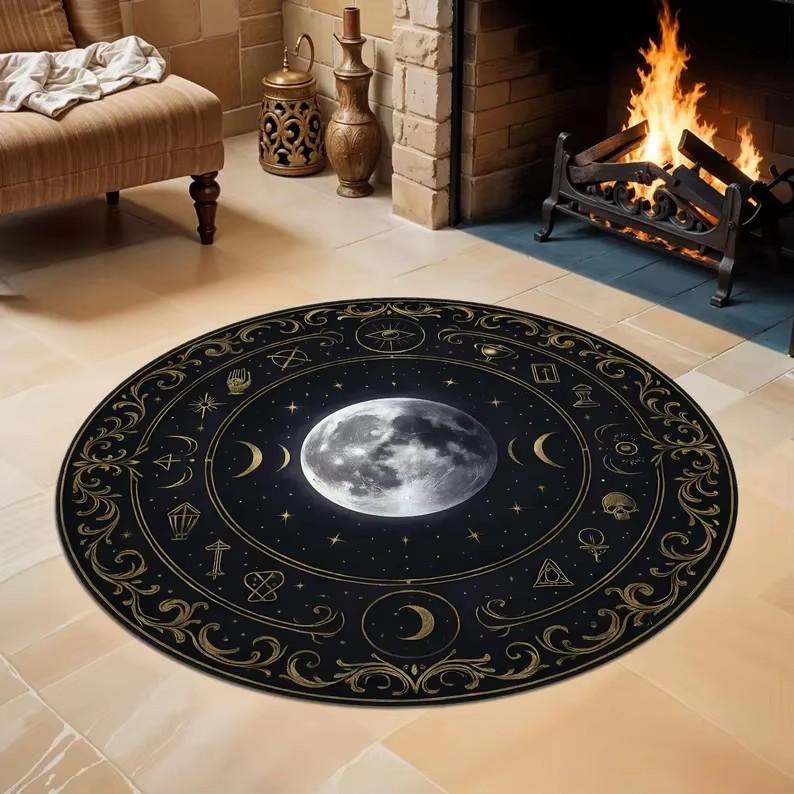 

Celestial Rug Deep Blue & Gold Moon and Stars Round Rug, Washable Cosmic Carpet Office Garden Patio Indoor Yoga Mat for Reading 80cm