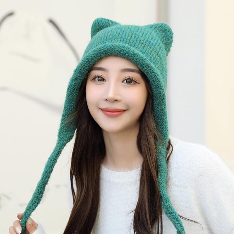 Unisex Solid Color Crochet Hat Cat Kitten Ear Shape Hat Warm Fluffy Winter Crochet Warm Skiing Supplies for Adult Teens