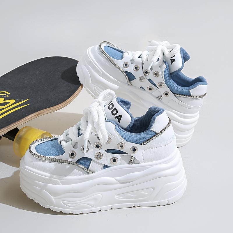 Fashion 2025 New 8CM Fashion Autumn Women Vulcanized Platform Wedge High Heels Lace Up Breathable Casual Comfortable Skateboard Shoes