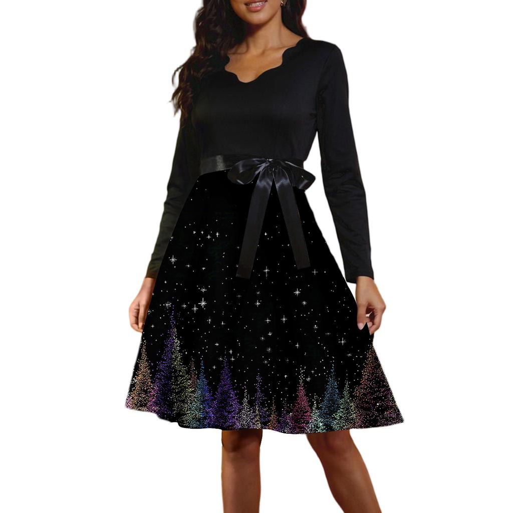 Women's Casual Fashion Long Sleeve Christmas Graphic Printed Vintage Long Dresses
