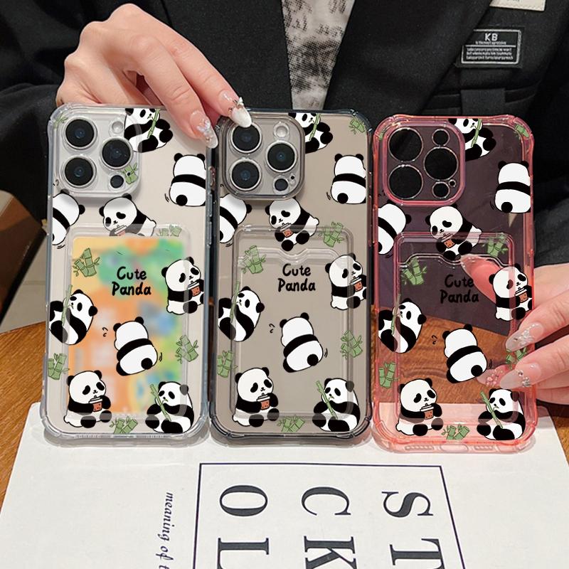 Süßes Pandas-Muster, durchsichtiger Kartenschlitz, weiche Silikonhülle für iPhone 16 Pro Max 15 Pro 14 13 12 11, transparente, stoßfeste, schlanke Telefonabdeckung