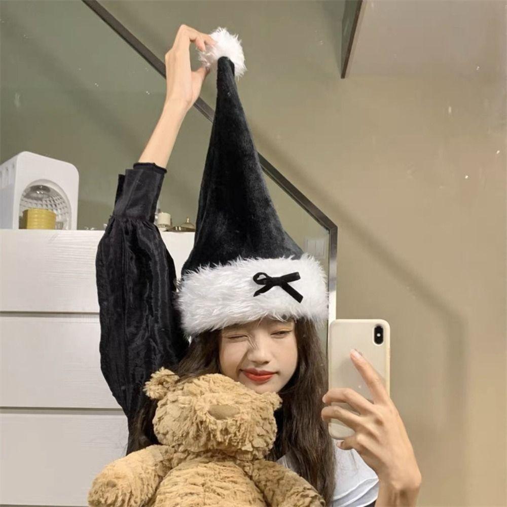 Bow Plush Ball Soft Beanie Black Santa Hat All-match Christmas Plush Hat  Girls