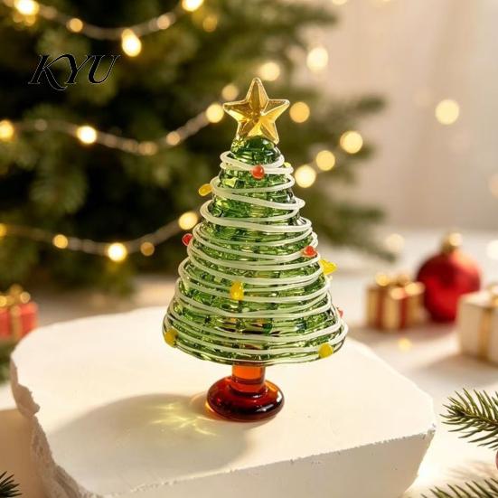 Miniature Xmas Tree Figurine Glazed Christmas Figurine, Colorful Decor, Handcrafted Glass Craft for Display Table Centerpiece Home Office Holiday