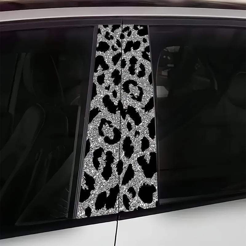 Gray-black Leopard Print 2PC Car B-pillar Protection Sticker Sunscreen Waterproof Scratch-proof Car Decoration Decal One-time