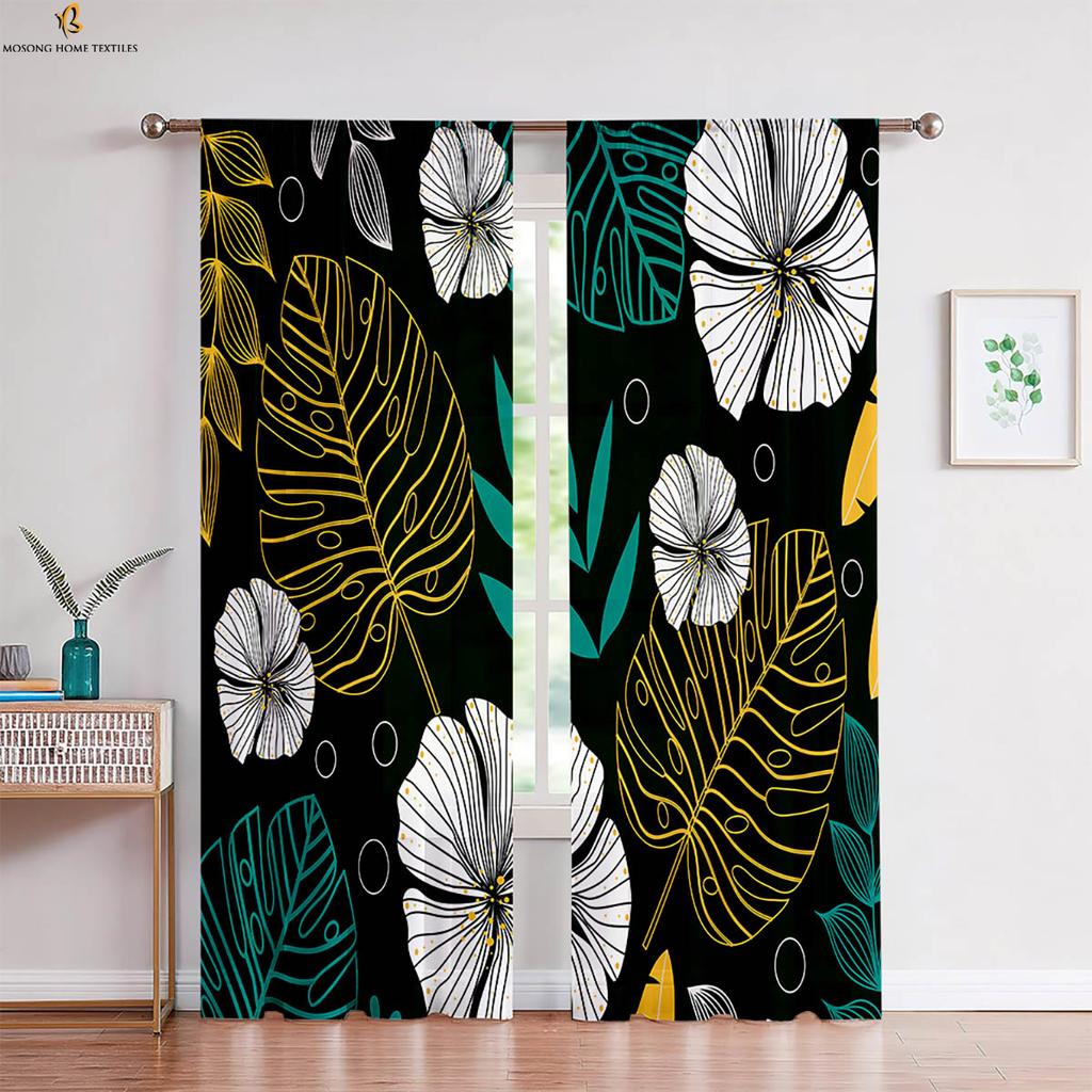 2pcs Tropical Vegetation Leaves 3D Printed Curtain Rod Pocket Machine Washable Bedroom Living Room Kitchen Decorative Curtains