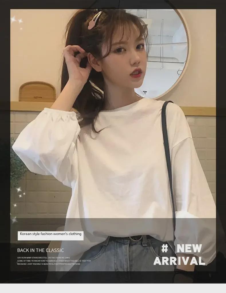 2025 neues Herbst-koreanisches Loose-Fit-Laternenärmel-Langarm-T-Shirt für Frauen
