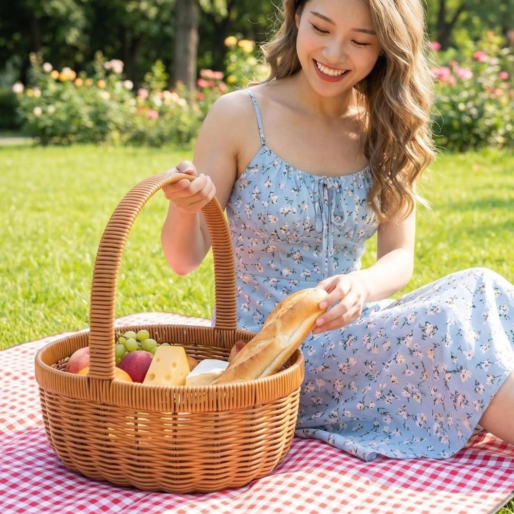 with Handle Imitation Rattan Basket Large Capacity Picnic Basket Handmade Basket Grocery Shopping