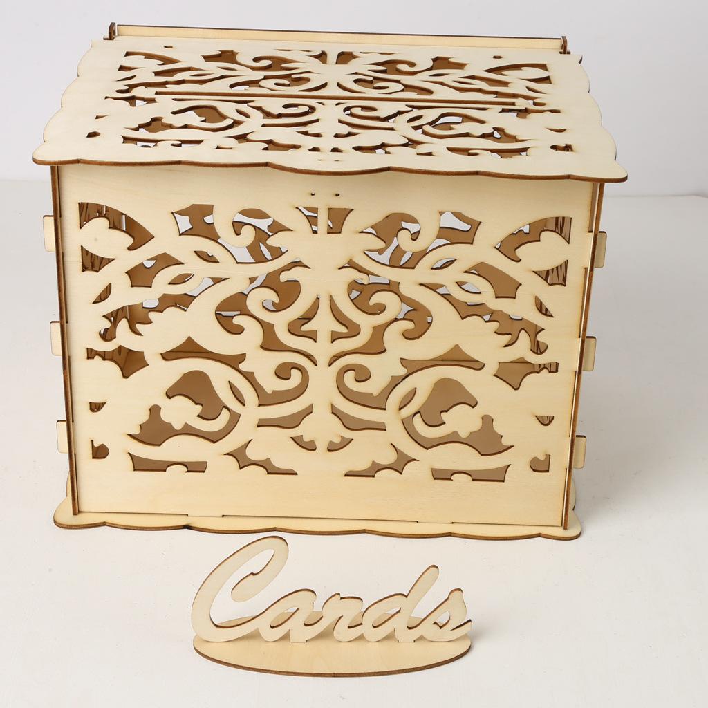 DIY Wedding Card Box Wooden Couple Money Boxes with Lock Hollow Floral Pattern Wedding Decor Gift Envelope Birthday Supplies
