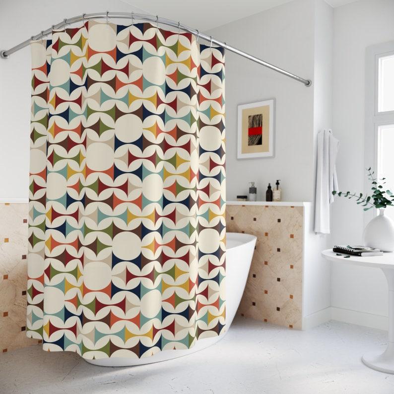 

Mid Century Modern Curtains, Retro Scandinavian Modern Danish Geometric Design, Green, Brown, Beige, Yellow, Teal Shower Curtain W60H190(CM)-1 Pcs