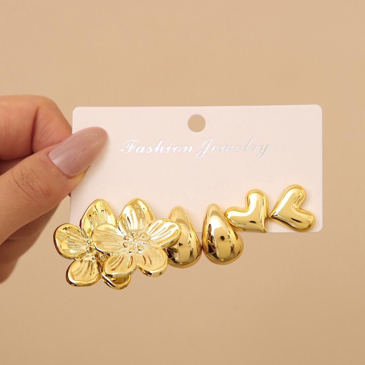 Vintage Geometric Flower  Heart C-Shaped Hoop Earring Set