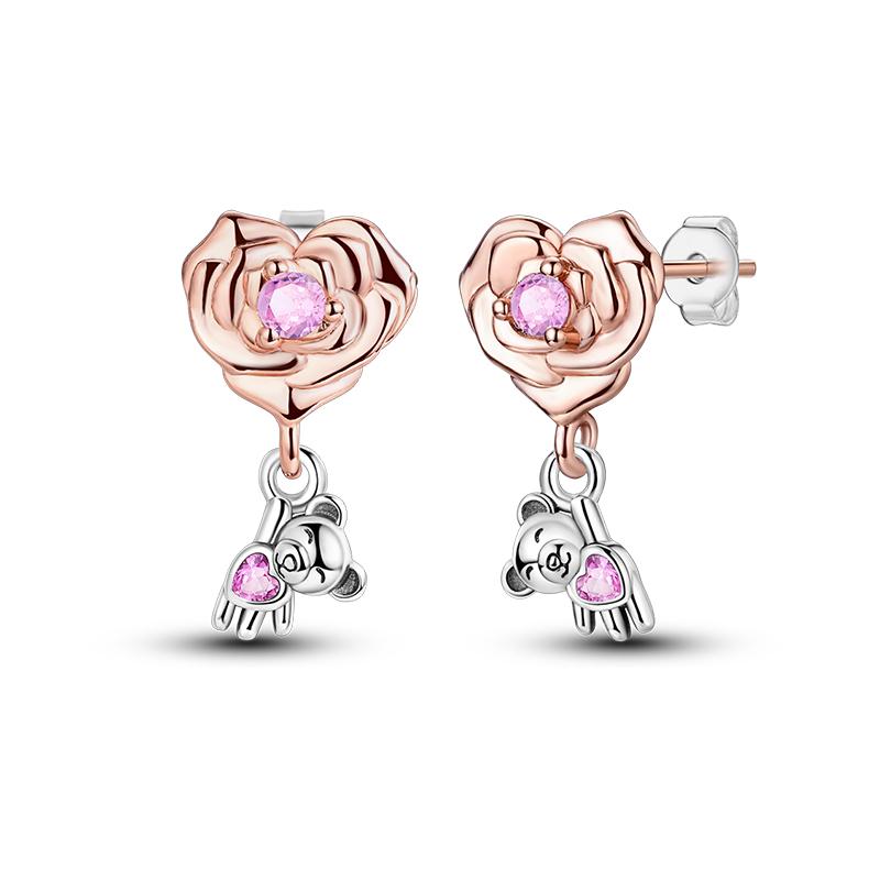 Women's 925 Silver Teddy Bear Rabbit Donut Pink Theme Sweet Romantic Priginal Design Earrings Engagement Party Exquisite Jewelry