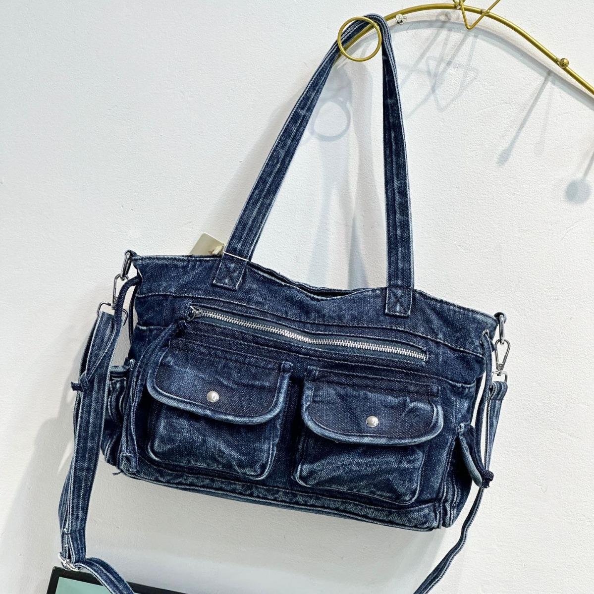 

Джинсова жіноча сумка сумка-тоут 2025 Нова джинсова жіноча сумочка Американська ретро сумка Старомодна сумка через плече синій