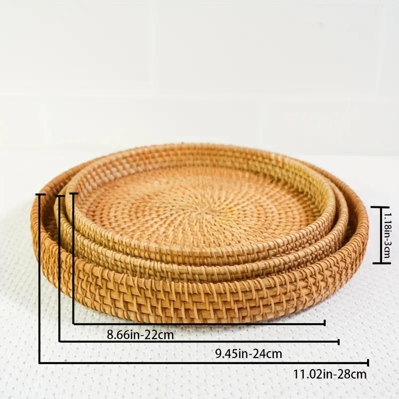 Circular Rattan Tray Storage Basket Natural Hand Woven Basket Bread Fruit and Food Tray Household Kitchen Supplies Tray