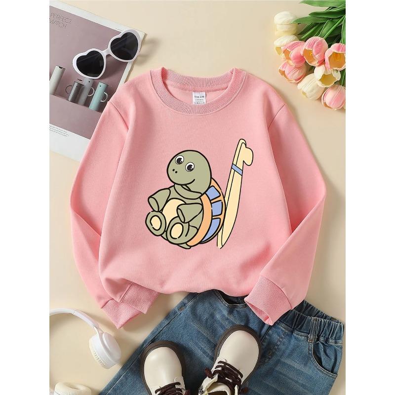 Kids Crewneck Sweatshirt, Cute Surfing Turtle with Surfboard Beach Graphic Print, Spring Autumn Casual Sport Tops