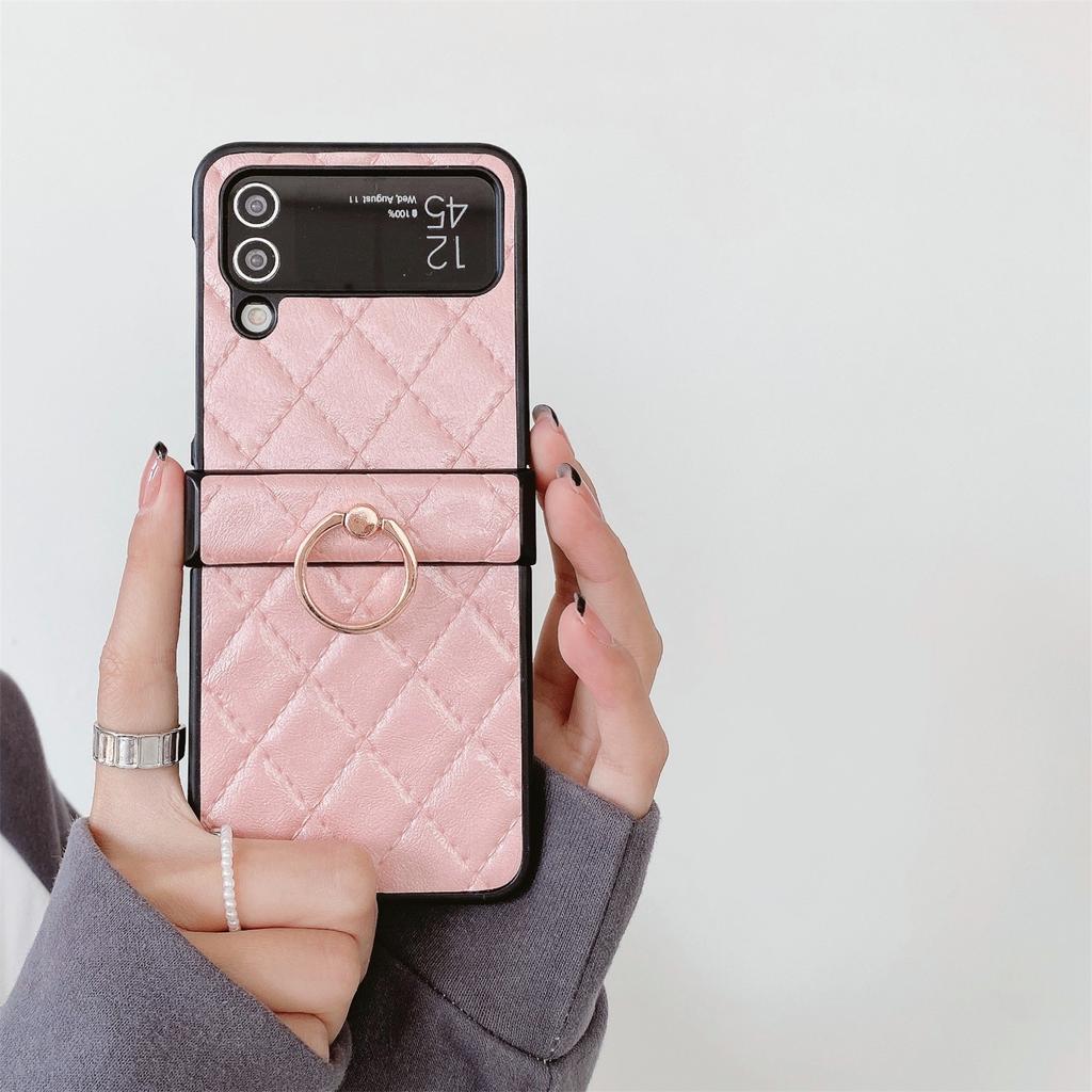Luksus Rhombus Skinn Glitter Ring Brakett Veske til Samsung Galaxy Z Flip 3 4 5G Z Flip3 Zflip5 Flip4 Zflip5 deksel med holder