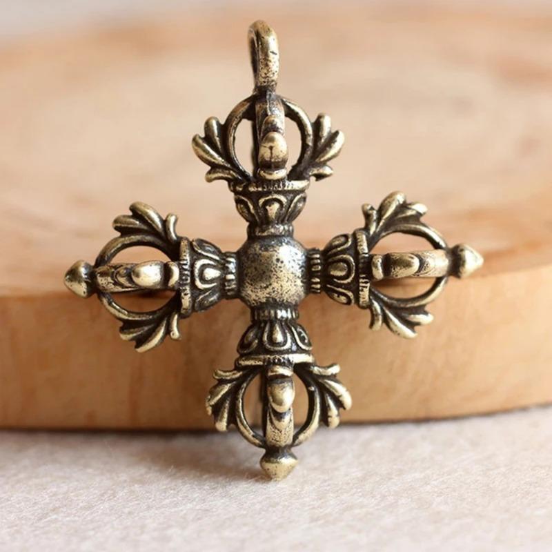 2Pcs Cross Brass Pendant Bodhi Beads Keychain Rope Hangings Buddhism Dharma Handmade Woven Lanyard.