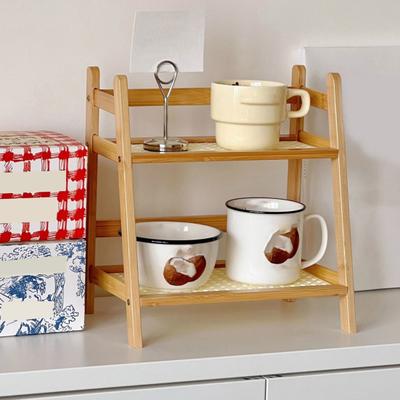 Yousheng Bamboo Double Layer Rack 2-Tier Desktop Organizer High Stability Strong Load-bearing Kitchen Display Rack Cup Holder
