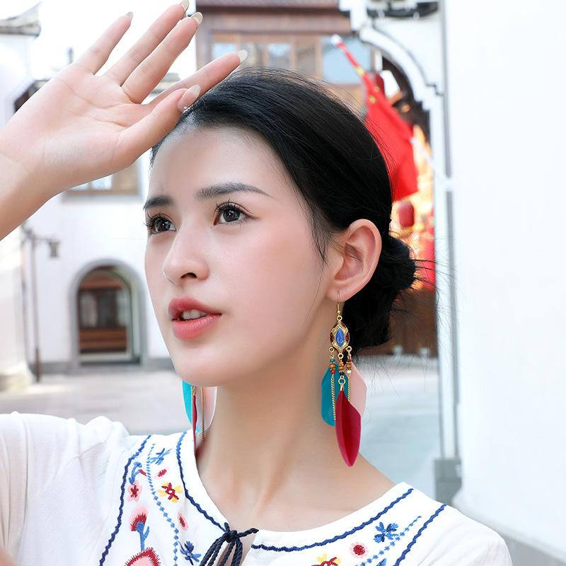 Ethnic Style Super Fairy Feather Earrings with No Piercings, Bohemian Style Long Style, High-end New Chinese Style Earrings Clips for Women