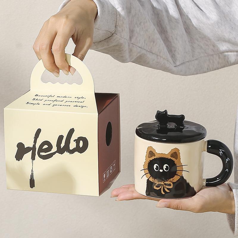 Opening Small Gift Box Kitten Cartoon Cute Ceramic Cup Large Capacity Girl Office Mug Water Cup