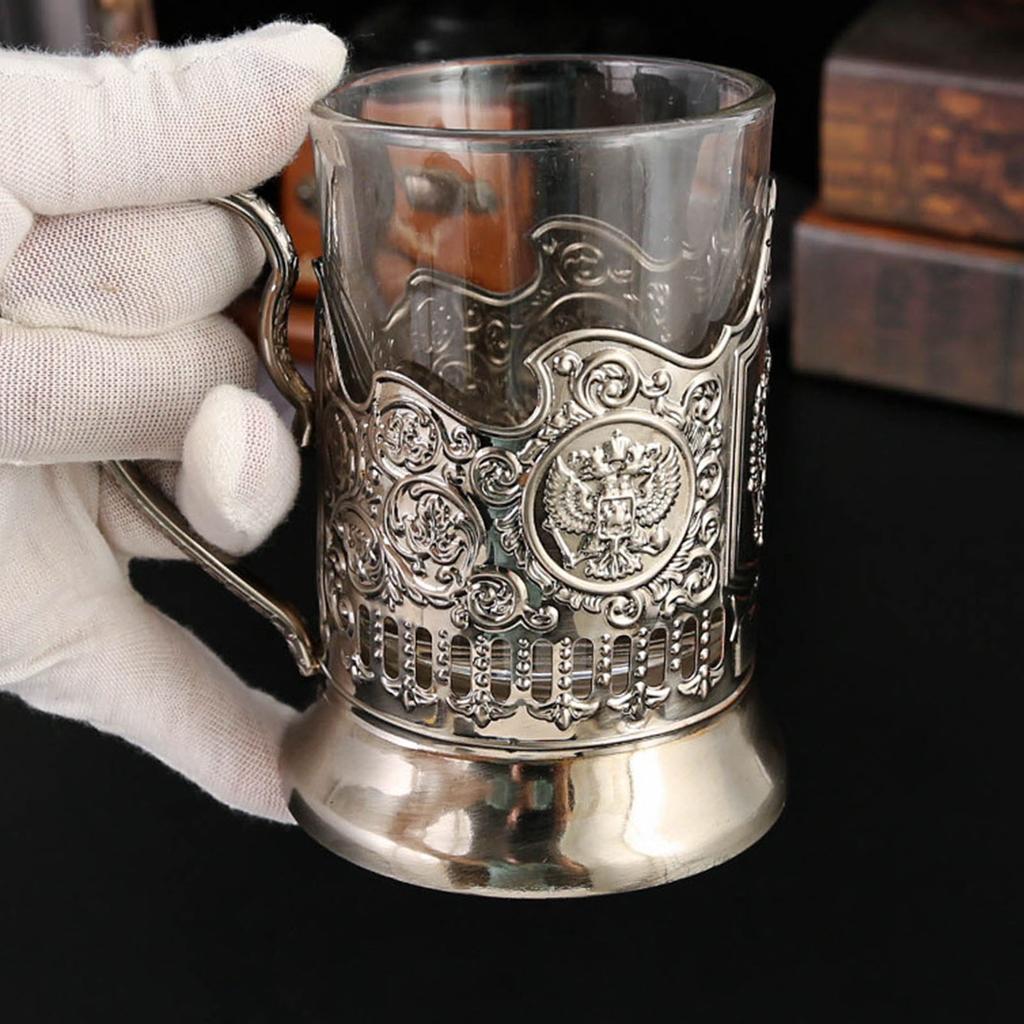 Russisches Teeglas mit Metallhalter Traditionelles Kristallklares Dekoratives Glas Teetasse für Heiße Kalte Getränke Q0083