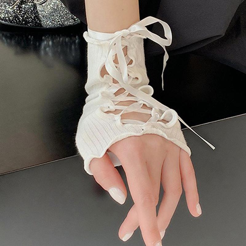 Lolita Strapping Bow Fishnet Lace Fingerless Gloves Floral Elastic Mesh Handwear