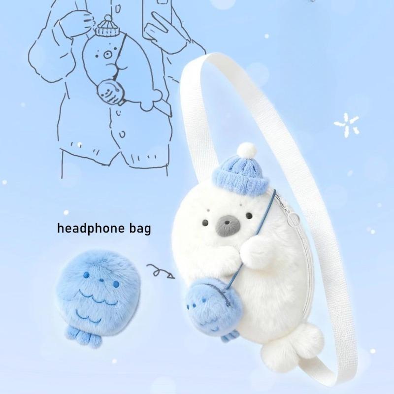 Plush Seal Backpack Cute Headphone Bag Kawaii Fashion Plushie Student's Schoolbag Fur Shoulder Bag Women Knapsack Bags Gift