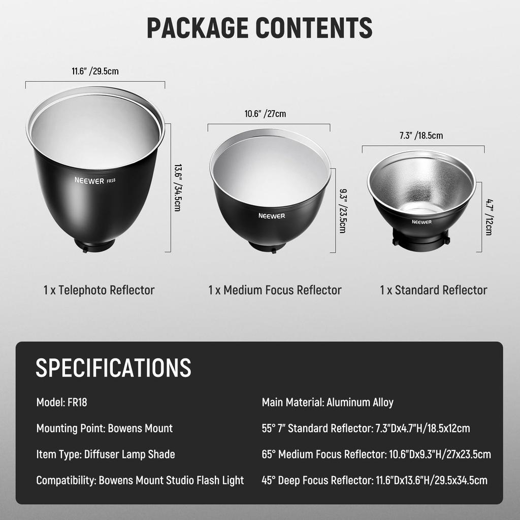 NEEWER Reflector Diffuser Set Medium Deep Focus Bowens Mount Reflector Lamp Compatible Godox Aputure NEEWER Flash FR18 7" Standard/10" Focus/11"