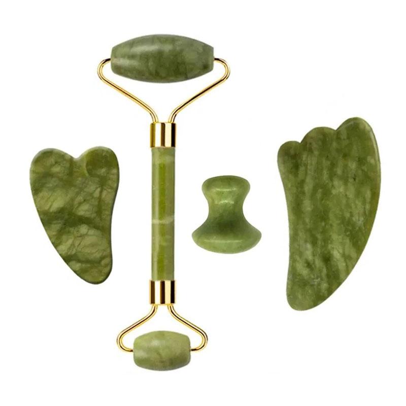 2/3/4 Stück Natürlicher Rosenquarz Obsidian Jade Roller Gua Sha Stein Set Gouache Schaber Gesichtsstraffung Anti-Falten Hautpflege Werkzeuge