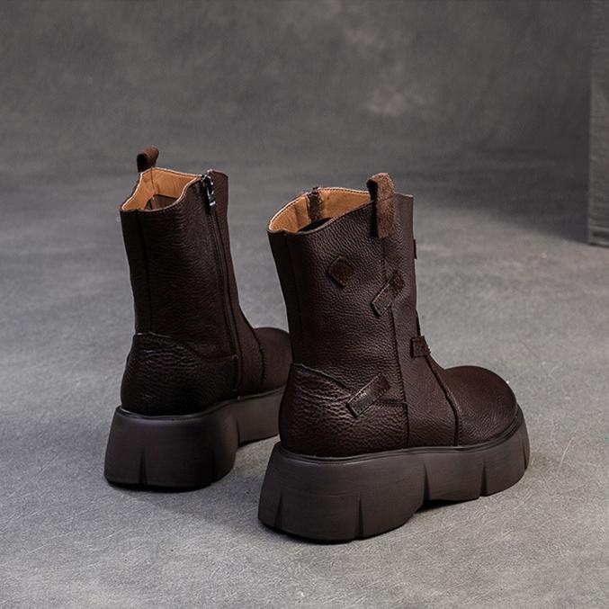 Johnature British Style Thick Soled Genuine Leather Mid-calf Boots Versatile Women's Flat Platform Shoes