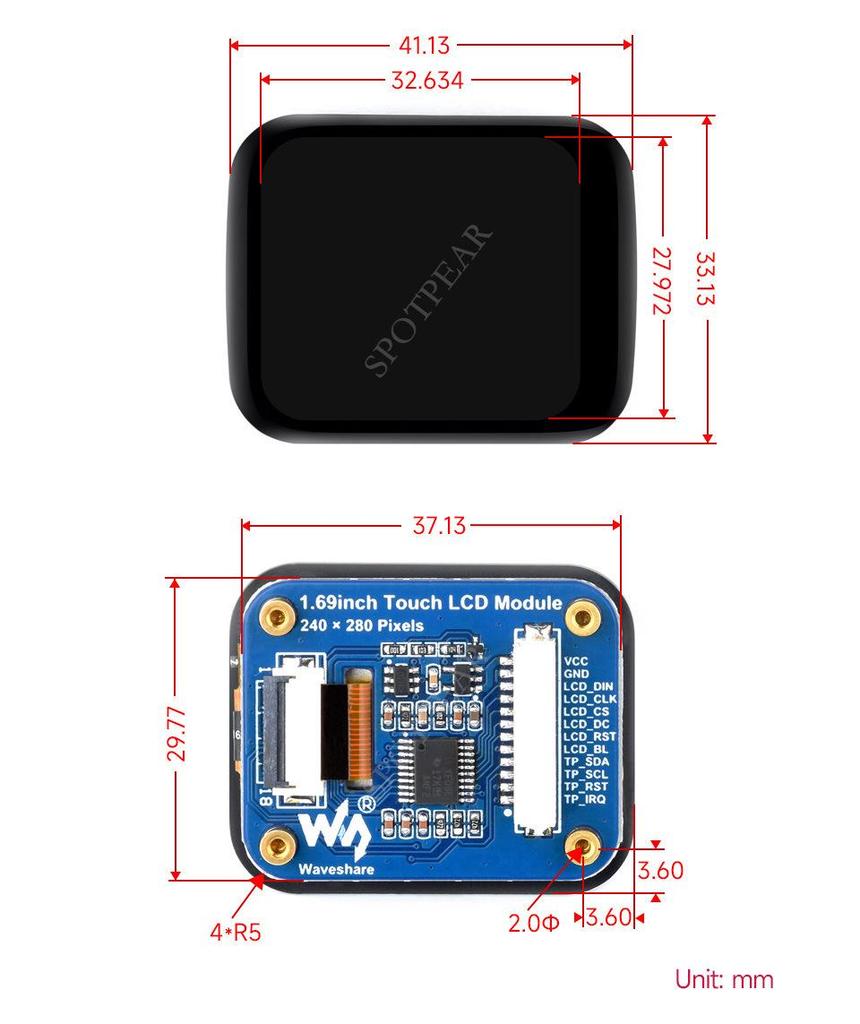 1.69" Touchscreen Display for Arduino, Raspberry Pi, ESP32, Pico, STM32 (240×280)