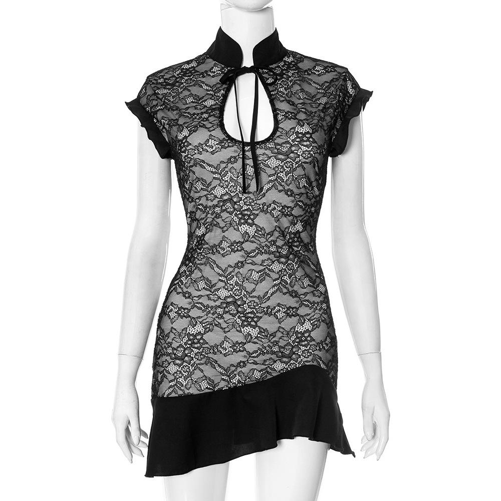 

Европейское и американское женское приталенное платье без рукавов со стоячим воротником, оборкой по подолу и кружевом L чёрный