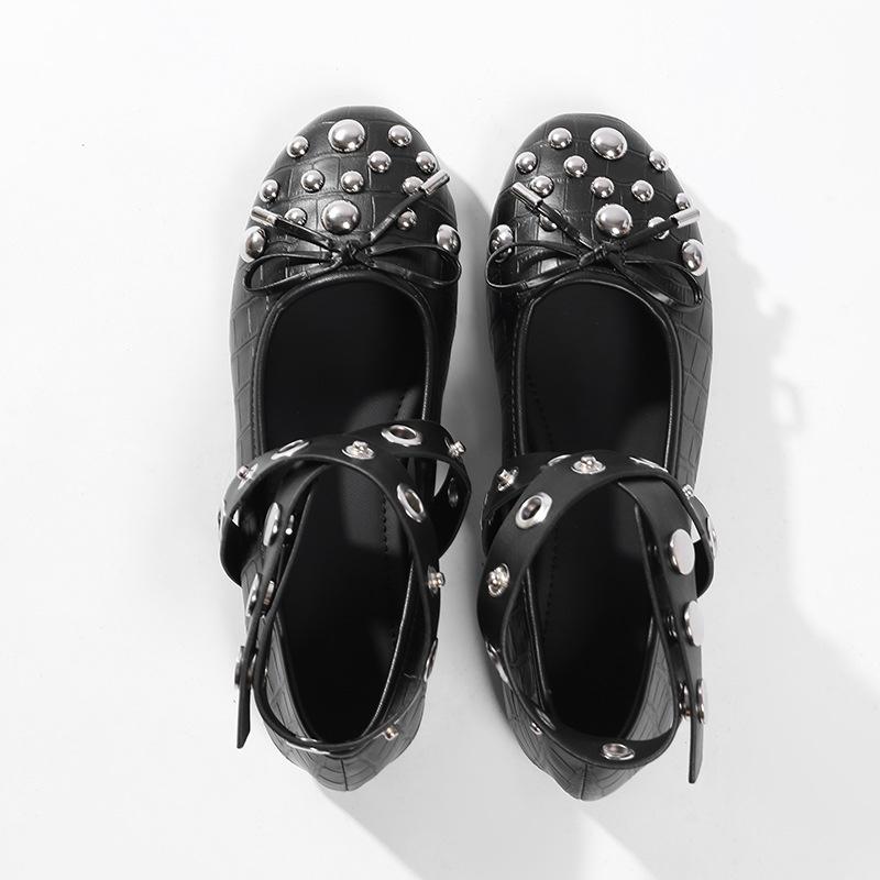 2026 Rivet Bow Decoration Ballet Flats Women Punk Style Soft Leather Strap Mary Jane Shoes for Women Cozy Dance Casual Shoes