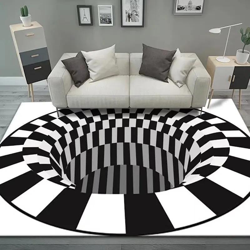 Large Size Carpet 3D Vortex Illusion Black White Rug Abstract Geometric Optical Mat Non-Slip for Bedroom Living Room Decoration