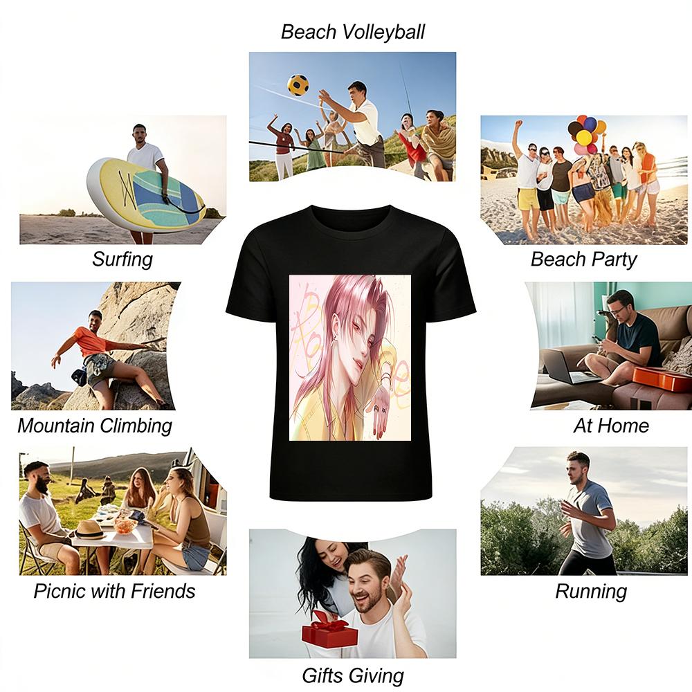 Cool Pink-haired Handsome Guy Print Loose Long-sleeve T-shirt Unisex Casual Anime Style Top Pure Cotton T-shirt