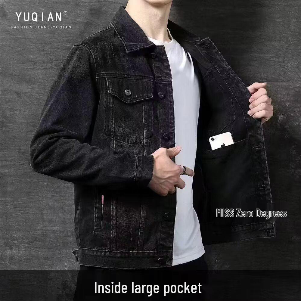 Trendy Men's Slim Fit Black Denim Jacket for Spring/Autumn - Youth Student Fashion