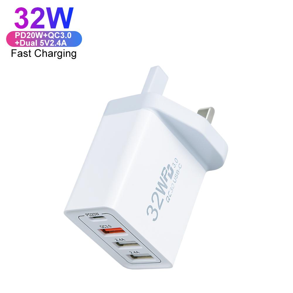 PD QC3.0 4-Port USB Type C UK Wall Charger Adapters 32W Fast Charging for IPhone Portable Travel Adapter