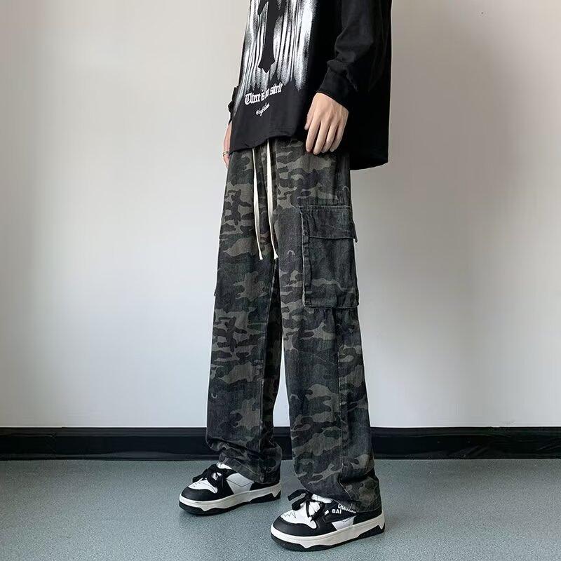 Spring and autumn trendy brand tooling camouflage elastic waist jeans boys multi-pocket design niche straight wide-leg pants