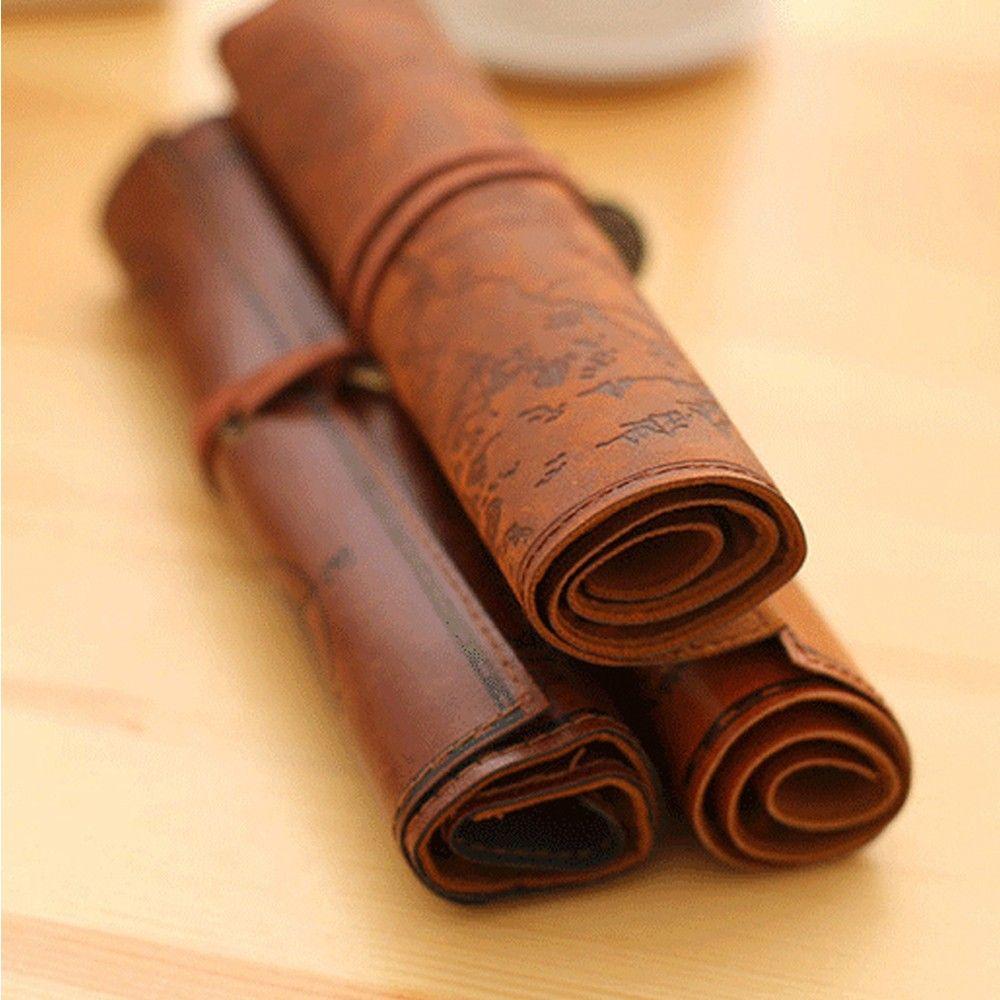 Map Roll Vintage Case Bag Purse Pouch Pen Pencil Case for School Leather Cosmetic Make Up PU Bag