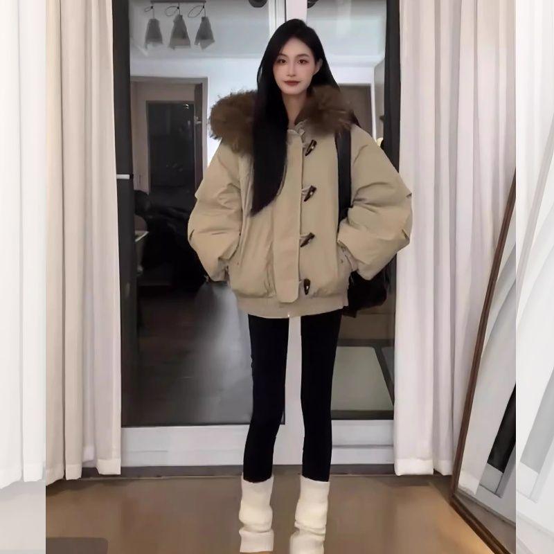 Women's Retro Hooded Cotton Jacket with Fur Collar - Winter 2025, Cowhorn Buttons, and Spandex for Warmth