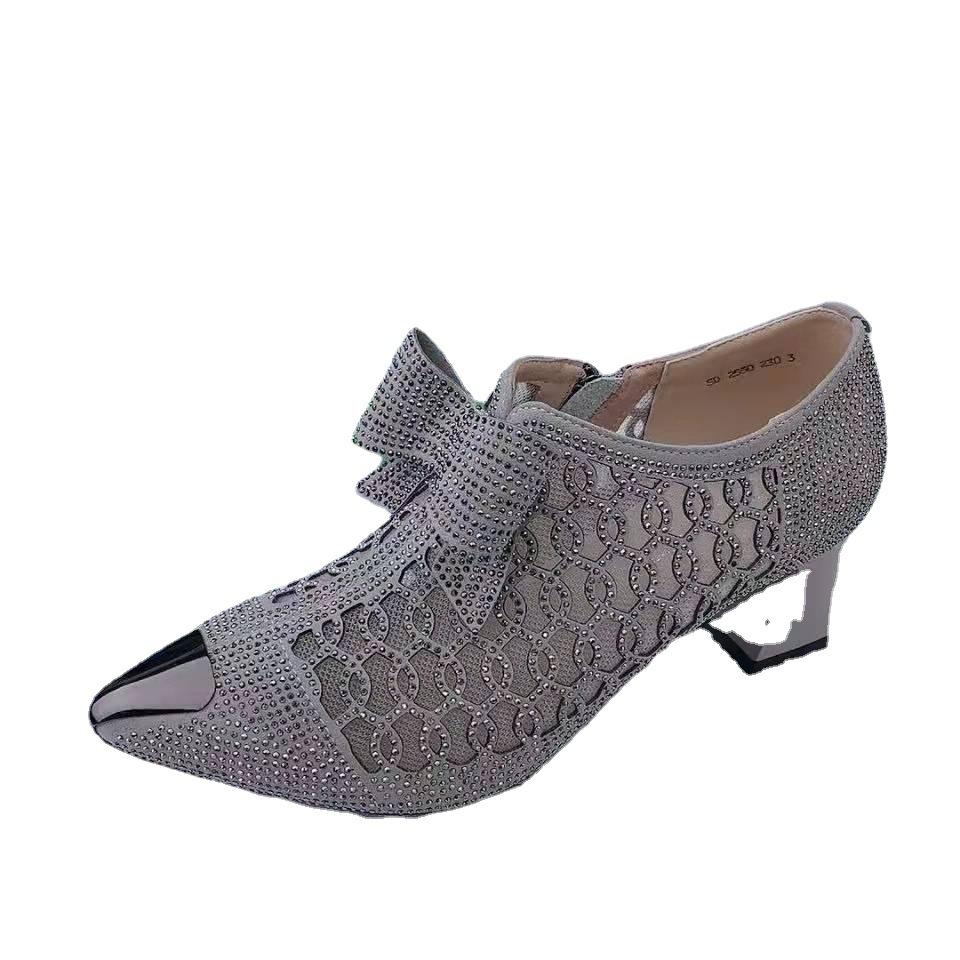 

Одиночные туфли из полой сетки для женщин. Новые большие сандалии на молнии на толстом каблуке со стразами и заостренным средним каблуком для женской обуви. 39