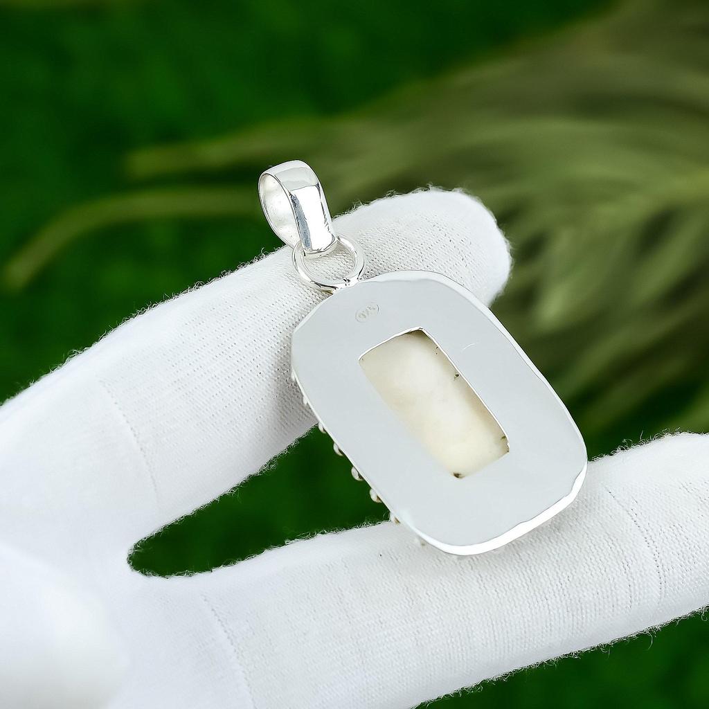 Rectangle Scolecite Stone Sister Handmade Engagement Artisan Pendant 925 Silver