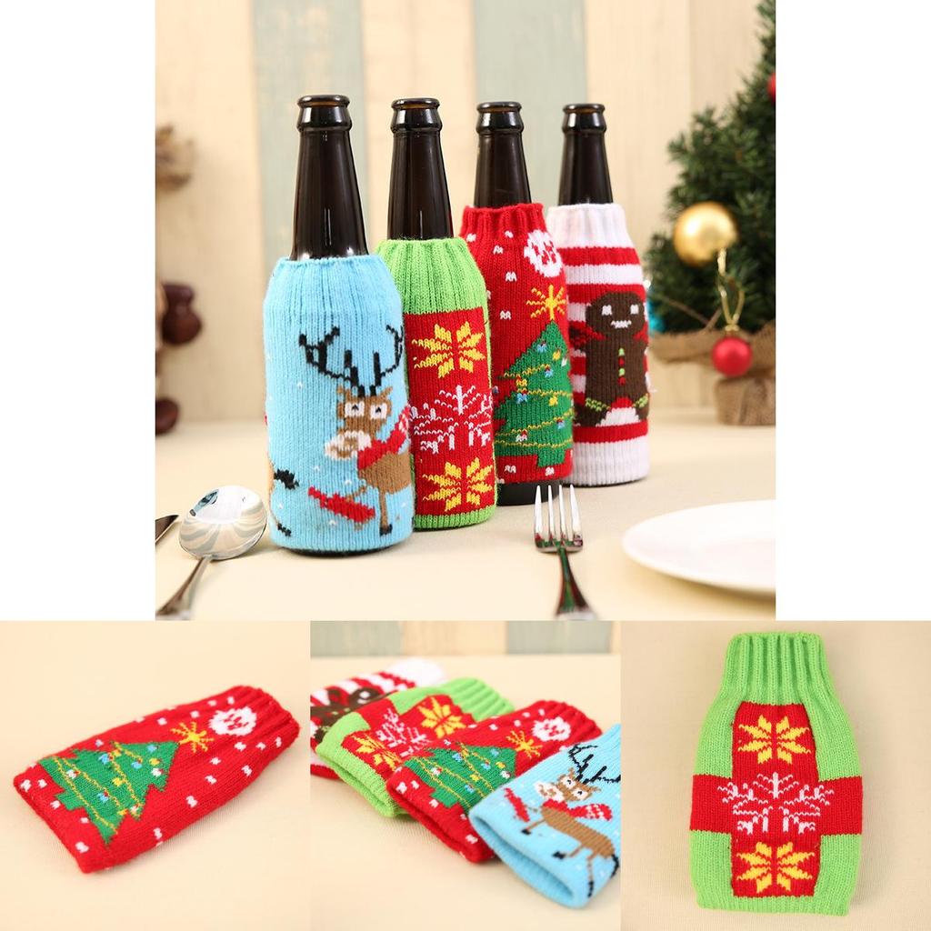 Stilvoller gestrickter Weihnachts-Bierflaschenüberzug mit wunderschönen Schneeflocken- und Rentier-Motiven, perfekt für festliche Stimmung